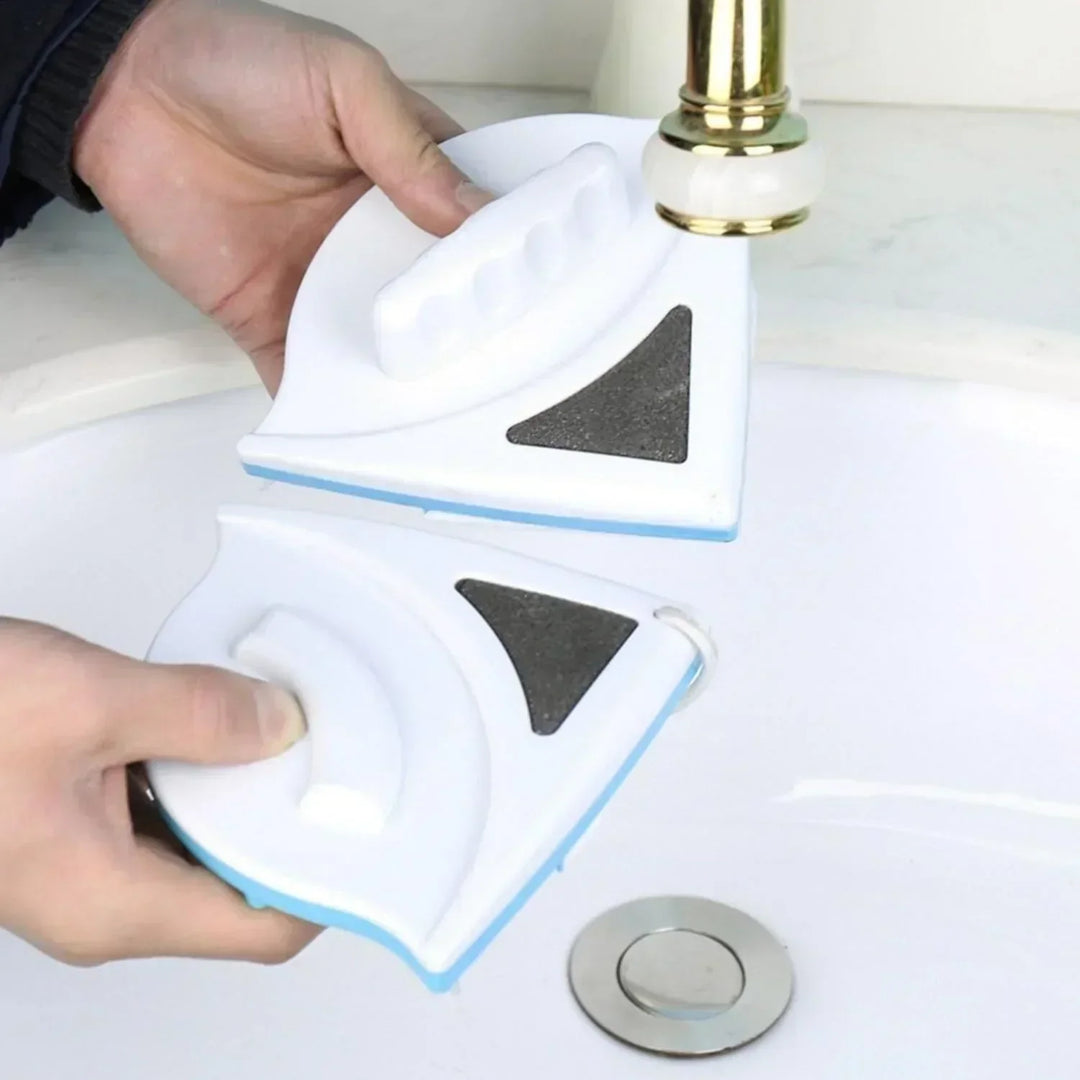 Dual-sided magnetic window cleaner for 3-8mm glass, featuring a yellow handle and secure blue magnets for streak-free cleanin