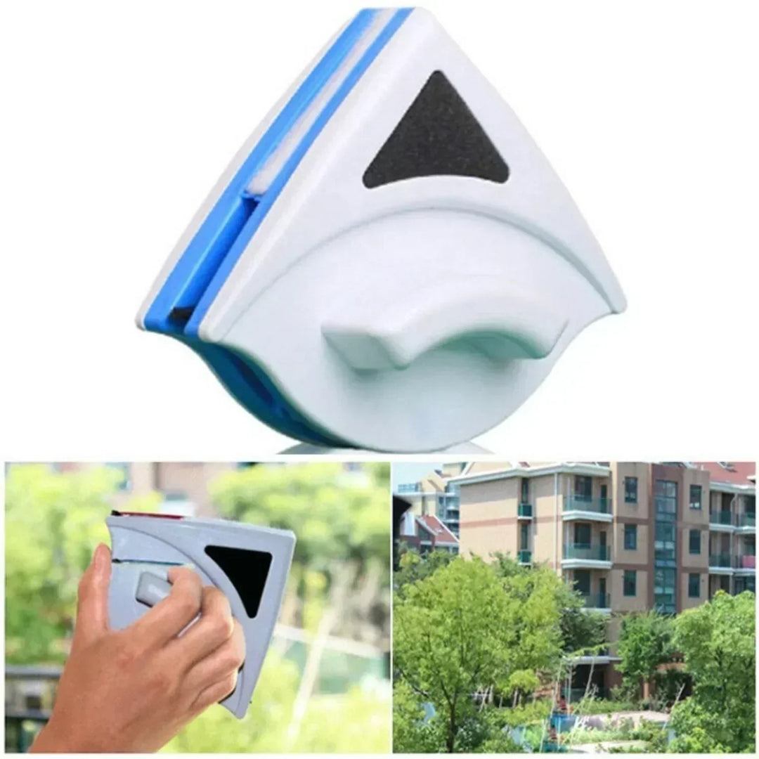 Dual-sided magnetic window cleaner for 3-8mm glass, featuring a yellow handle and secure blue magnets for streak-free cleanin