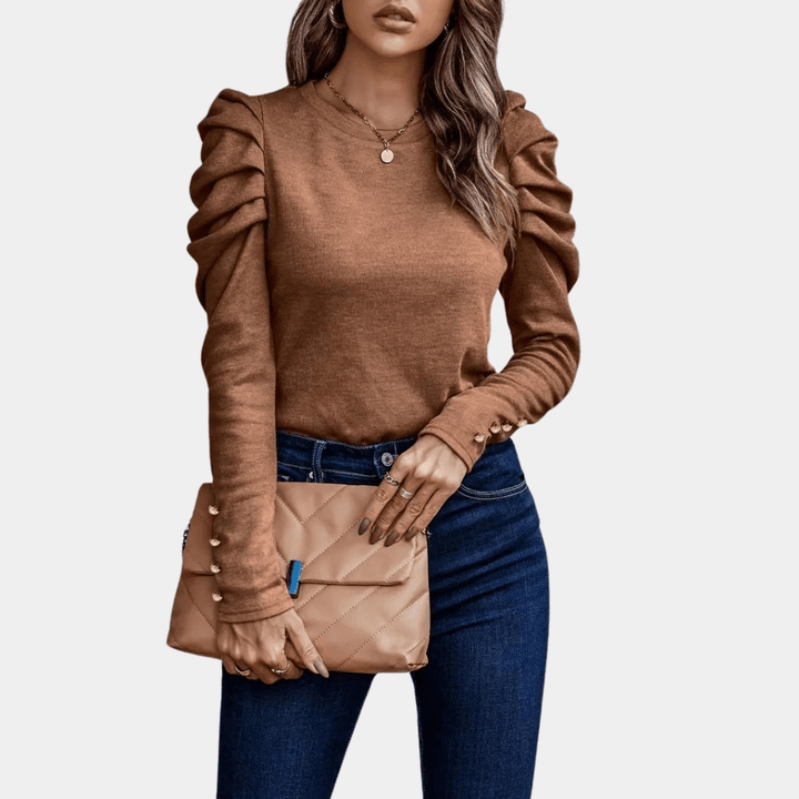 Women's Puff Sleeve Blouse: Fitted, Round Neck, Button Cuff