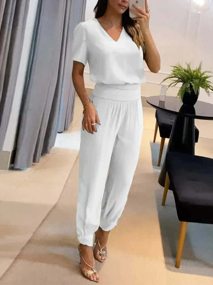 Women's Relaxed Fit Two-Piece Set: V-Neck Top & Elastic Waist Pants