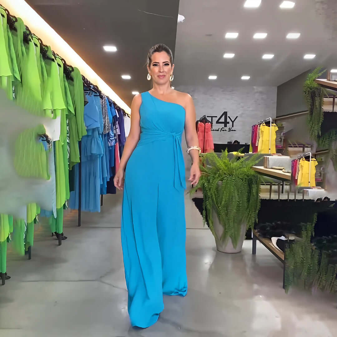 Women's One-Shoulder Wide-Leg Jumpsuit with Waist Tie