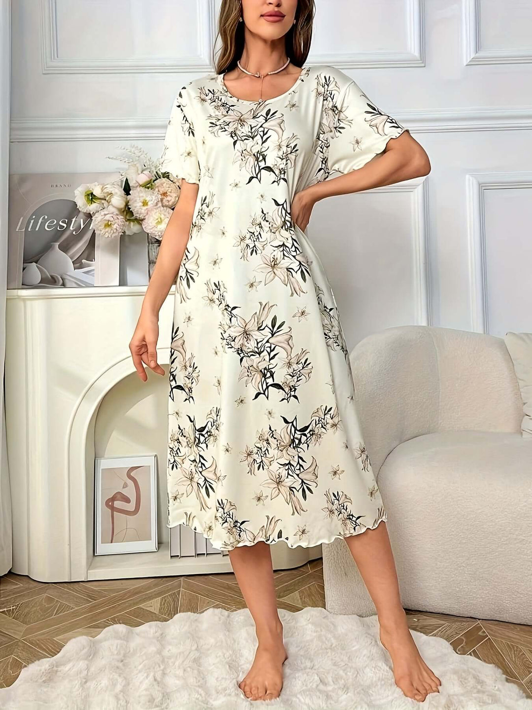 Women's Floral Print Midi Dress with Short Sleeves