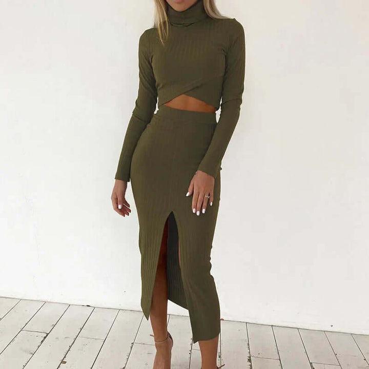 Women's Ribbed Knit Two-Piece Set: Crop Top & Midi Skirt