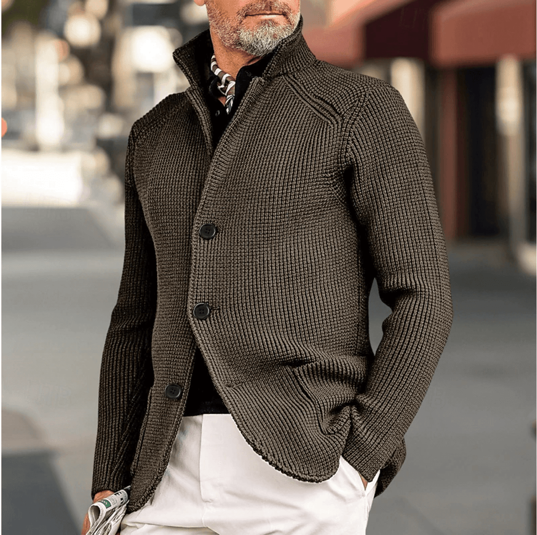 Men's Ribbed Knit Cardigan: Tailored Fit, High Collar