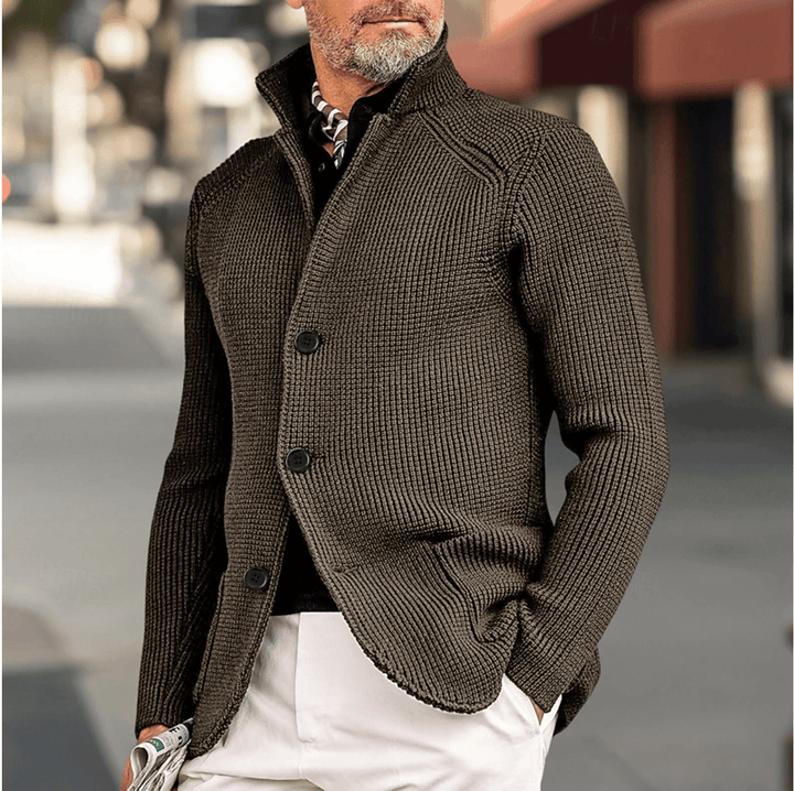 Men's Ribbed Knit Cardigan: Tailored Fit, High Collar
