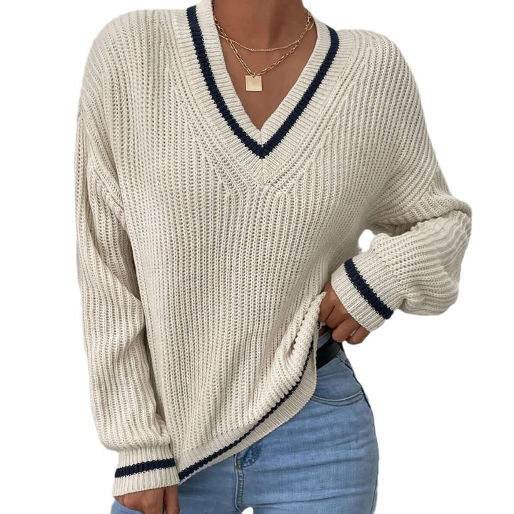 Women's Striped V-Neck Relaxed Fit Sweater