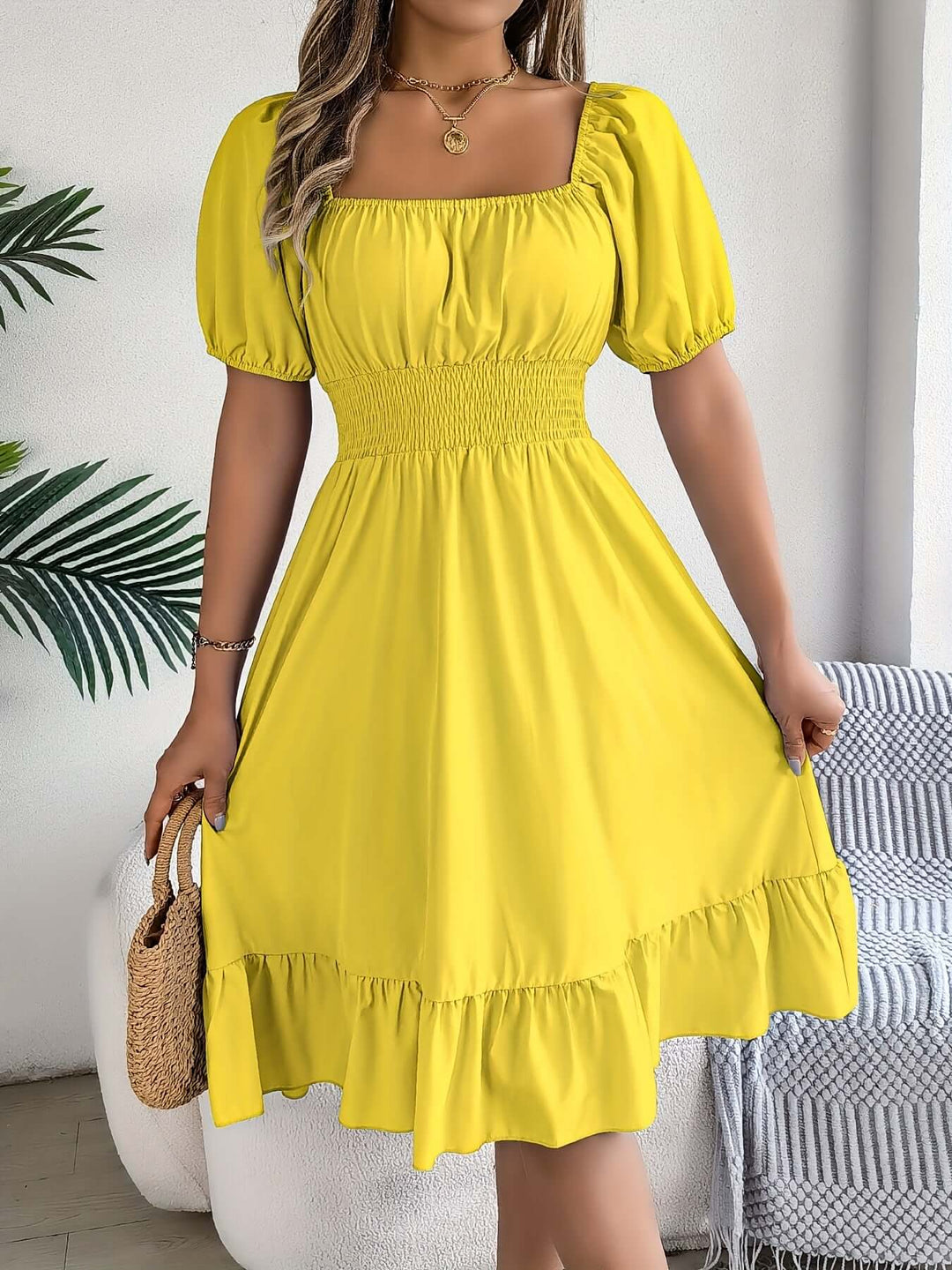 Women's Puff Sleeve Midi Dress with Smocked Bodice