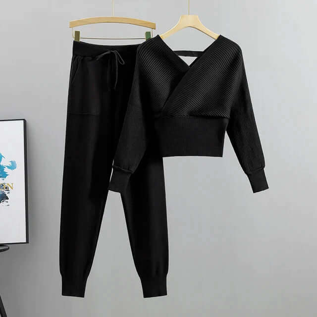 Women's Ribbed V-Neck Top & Harem Pants Set