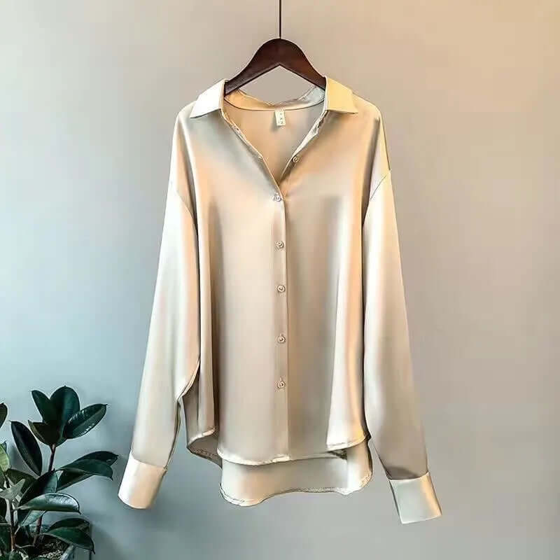 Women's Satin Long-Sleeve Blouse: Relaxed Fit, Button-Down