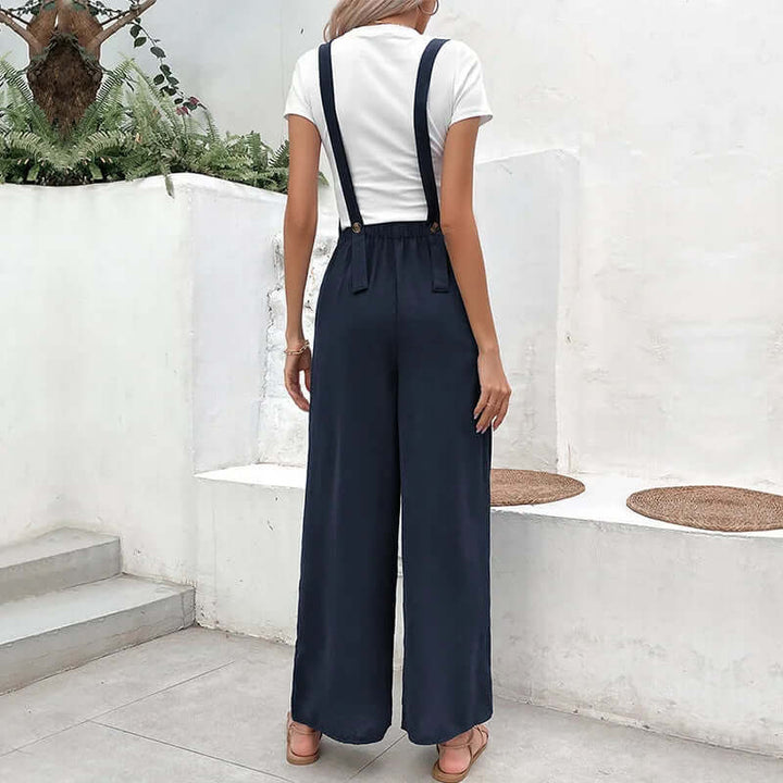Women's Wide-Leg Elastic Waist Jumpsuit with Pockets