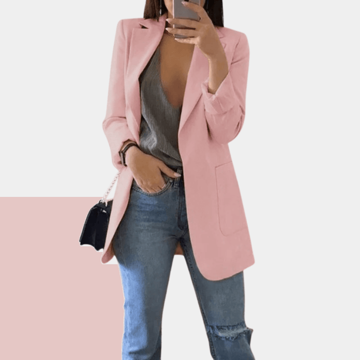 Women's Longline Tailored Blazer: Open Front, Notched Lapel