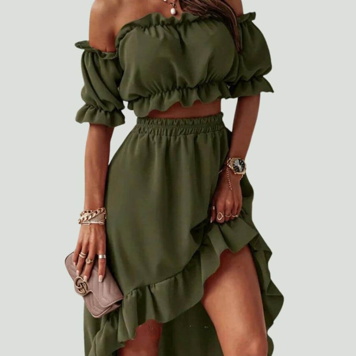 Women's Off-Shoulder Frill Trim Crop Top & Ruffle High-Low Skirt