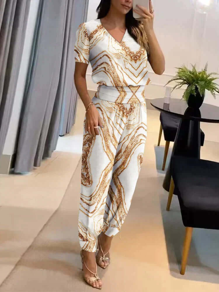 Women's Relaxed Fit Two-Piece Set: V-Neck Top & Elastic Waist Pants