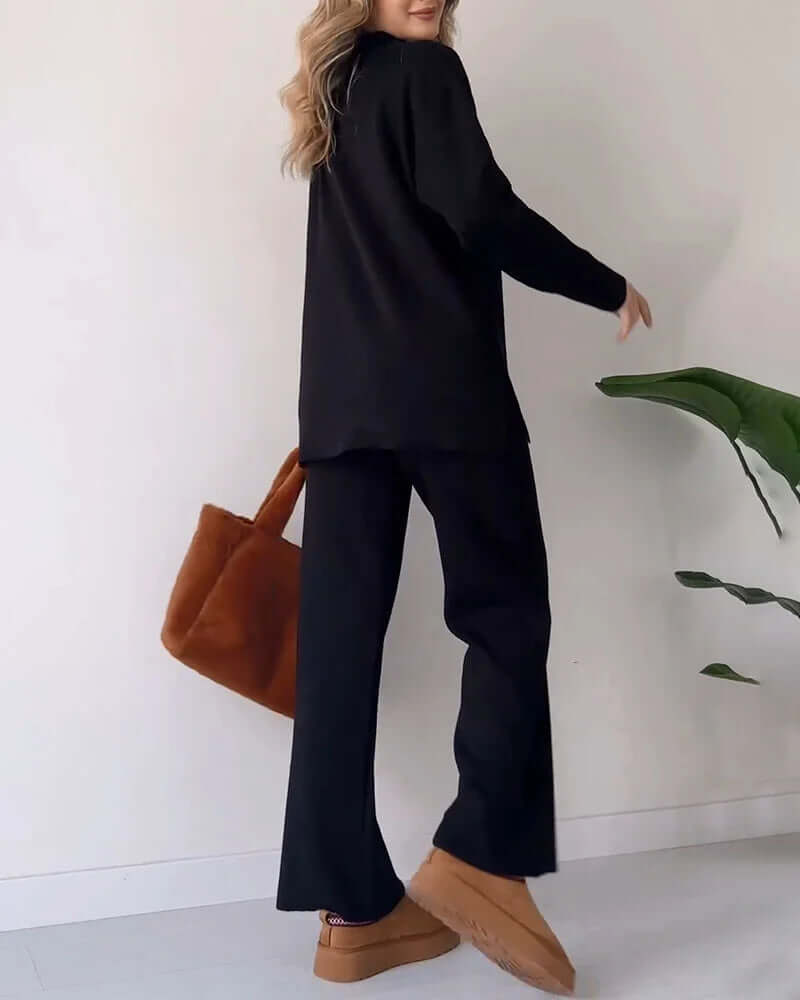 Women's Cozy Knit Loungewear Set: V-Neck Top & Flared Pants