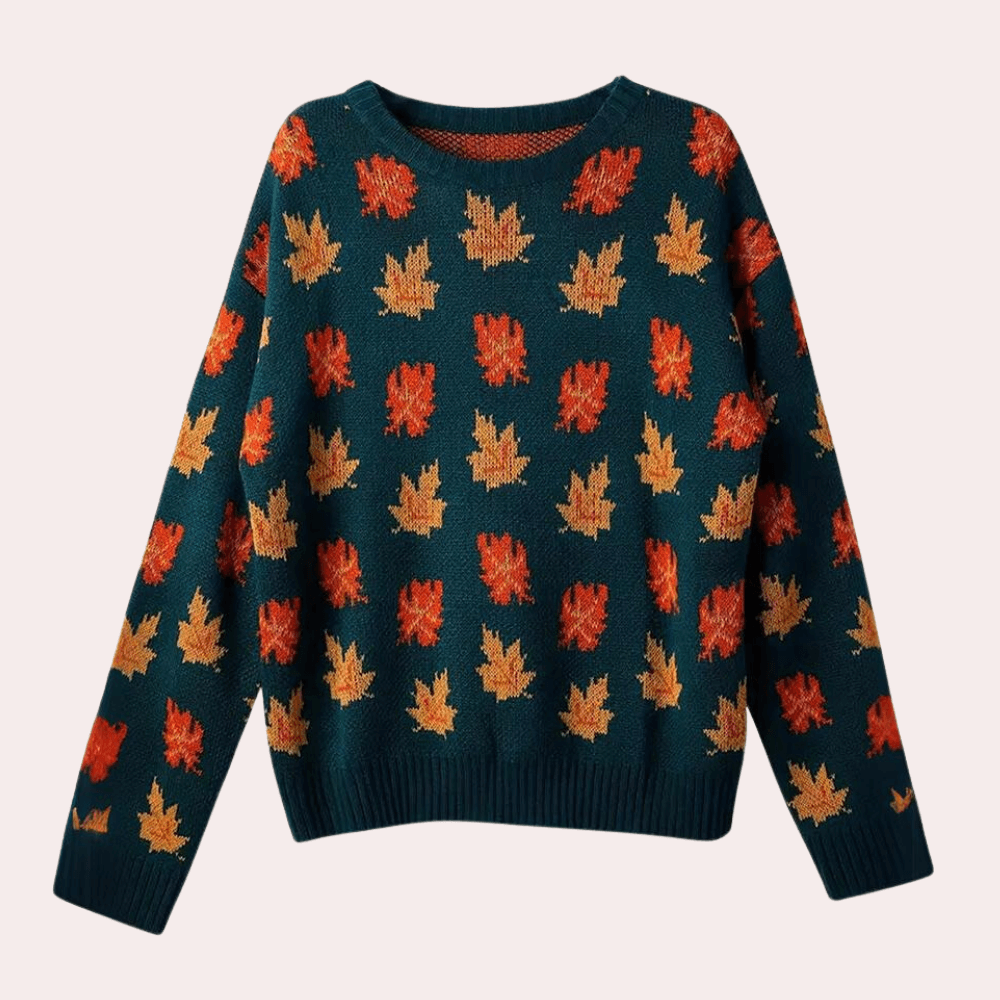 Women's Long-Sleeve Knit Sweater with Leaf Pattern