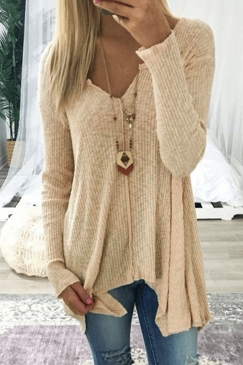 Women's V-Neck Long Sleeve Knit Sweater - Casual Relaxed Fit