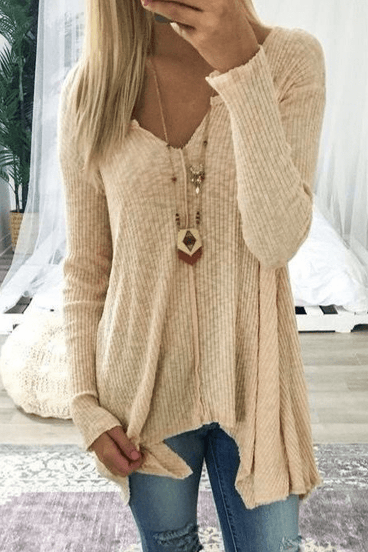 Women's V-Neck Long Sleeve Knit Sweater - Casual Relaxed Fit