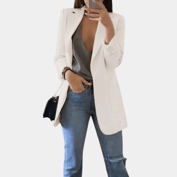 Women's Longline Tailored Blazer: Open Front, Notched Lapel