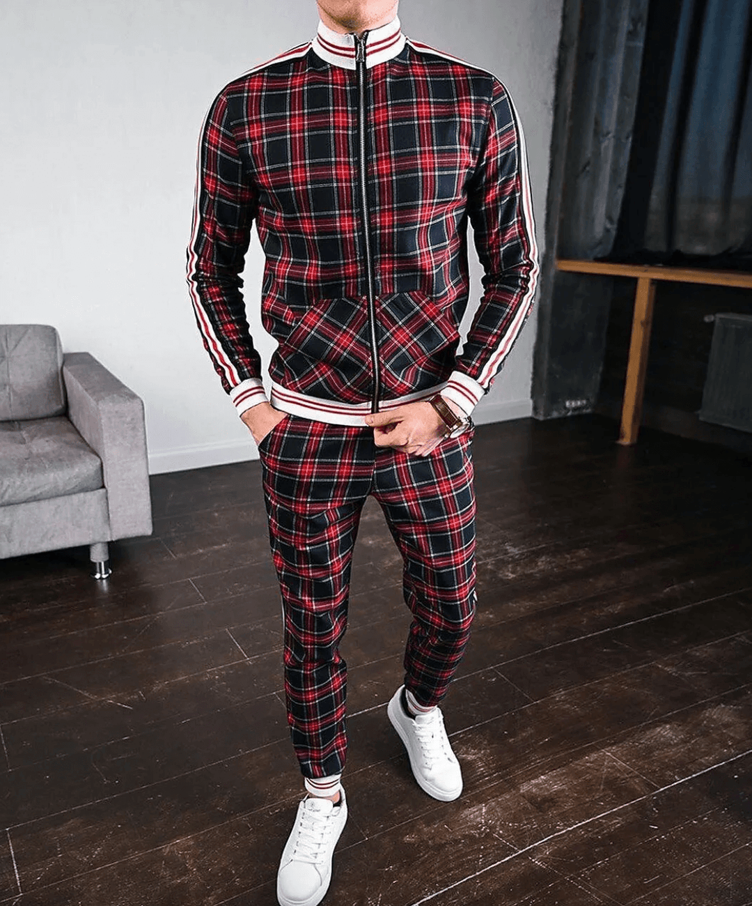 Men's Slim Fit Plaid Tracksuit with Striped Detailing
