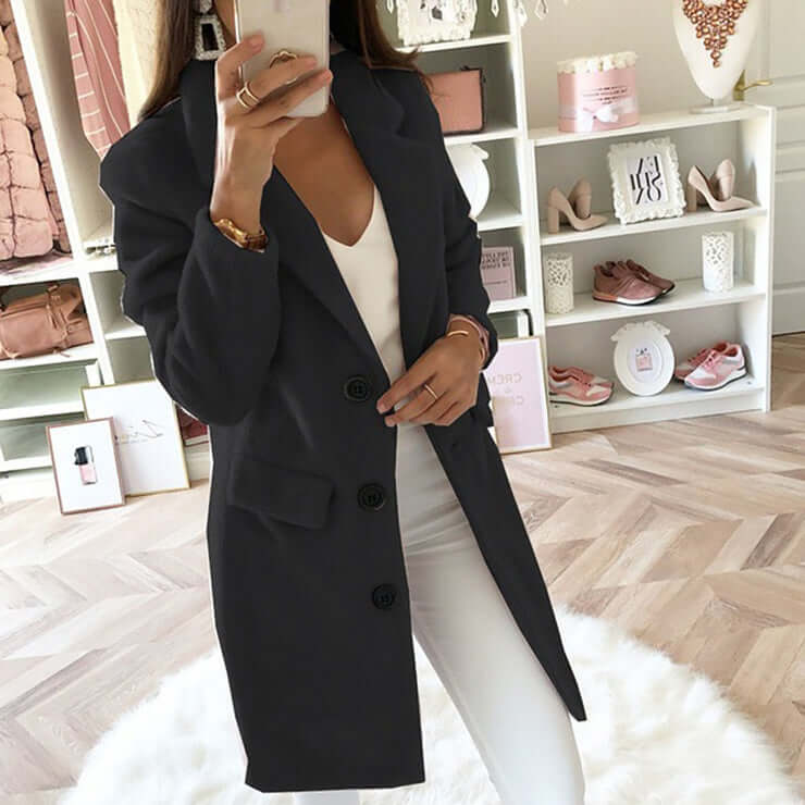 Women's Lapel Collar Double Breasted Wool Blend Coat