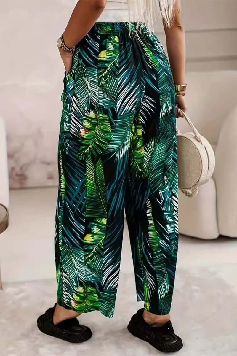 Women's Wide-Leg Tropical Print Trousers: Elastic Waist, Casual Style