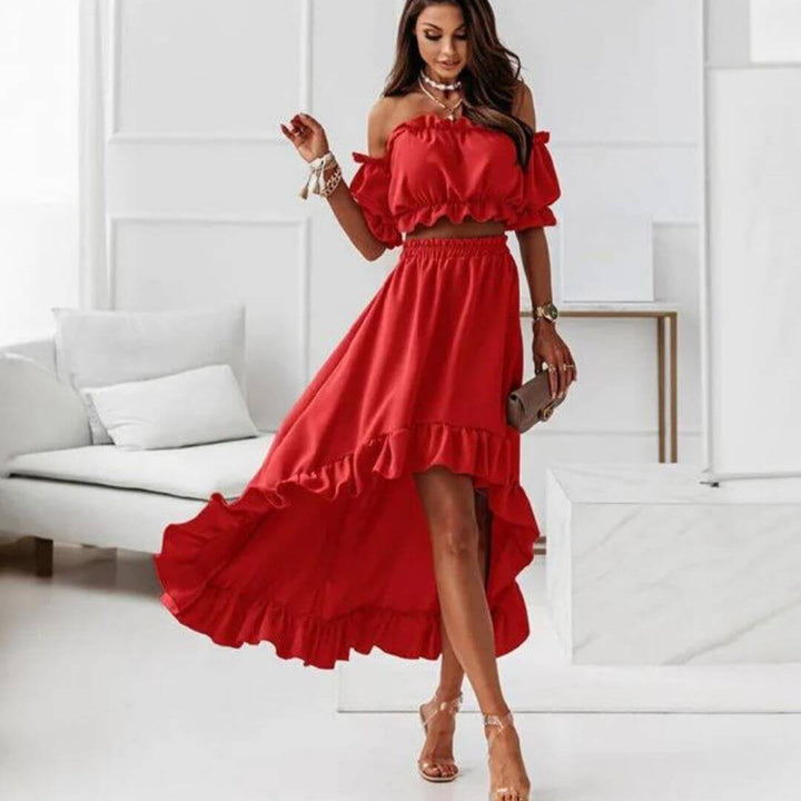 Women's Off-Shoulder Frill Trim Crop Top & Ruffle High-Low Skirt