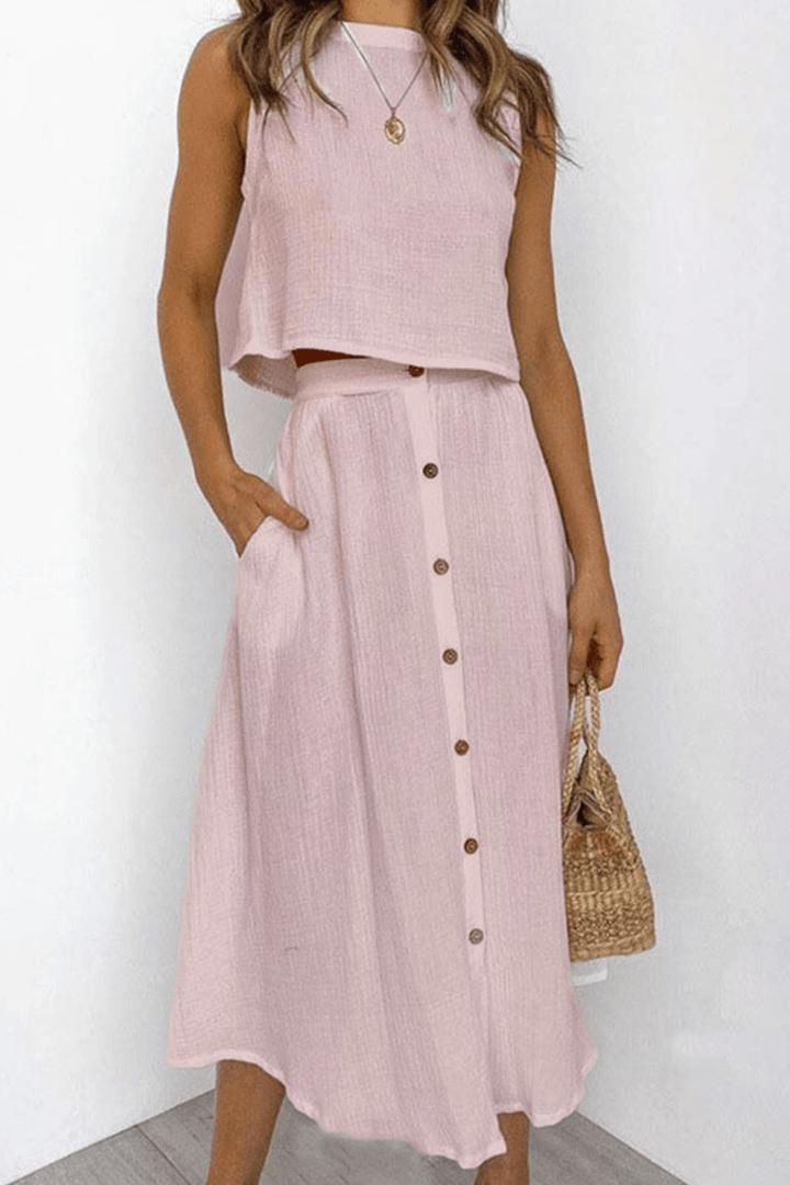 Women's Relaxed Fit Round Neck Top & Midi Skirt Set