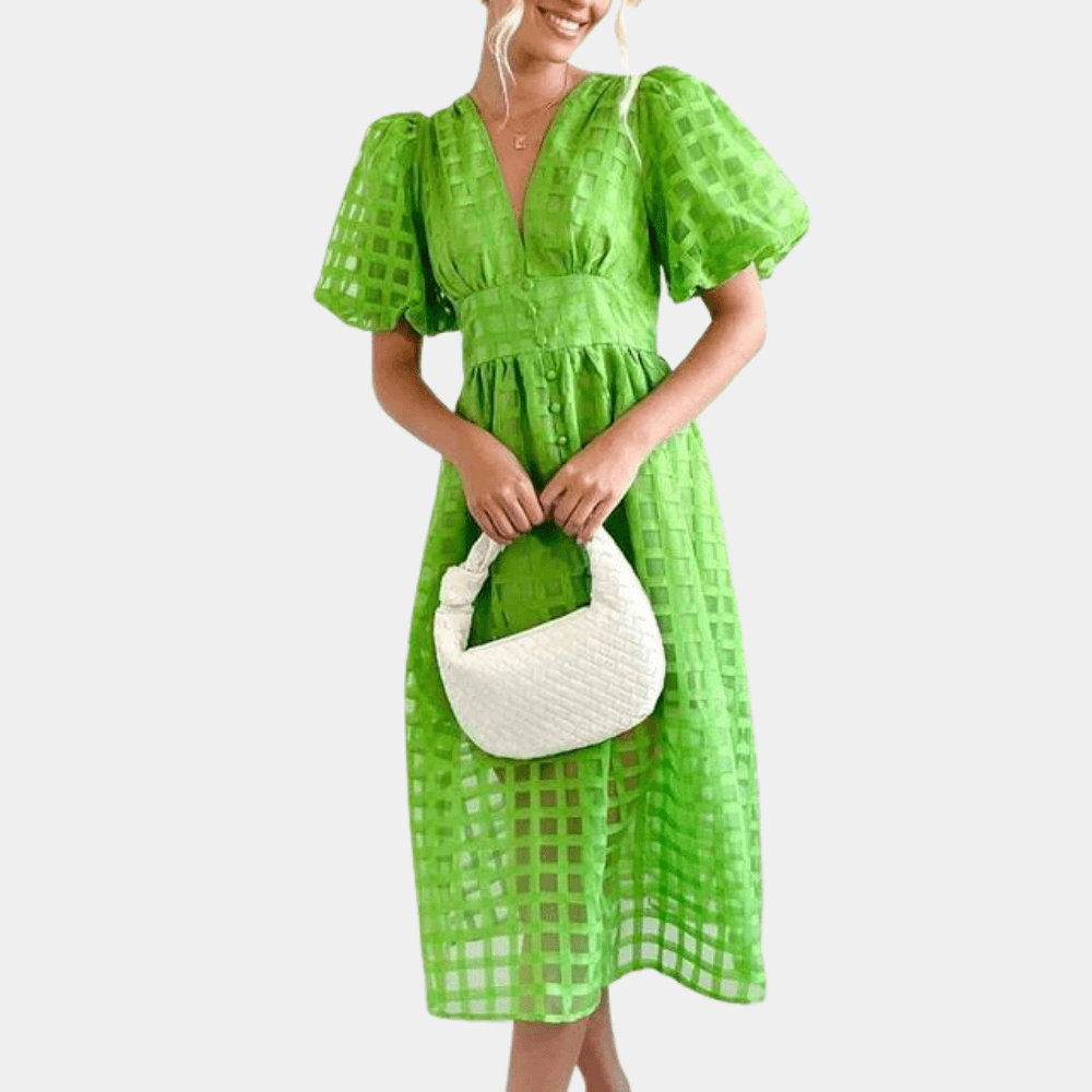 Women's Checkered Midi Dress: Puff Sleeves & Deep V-Neck