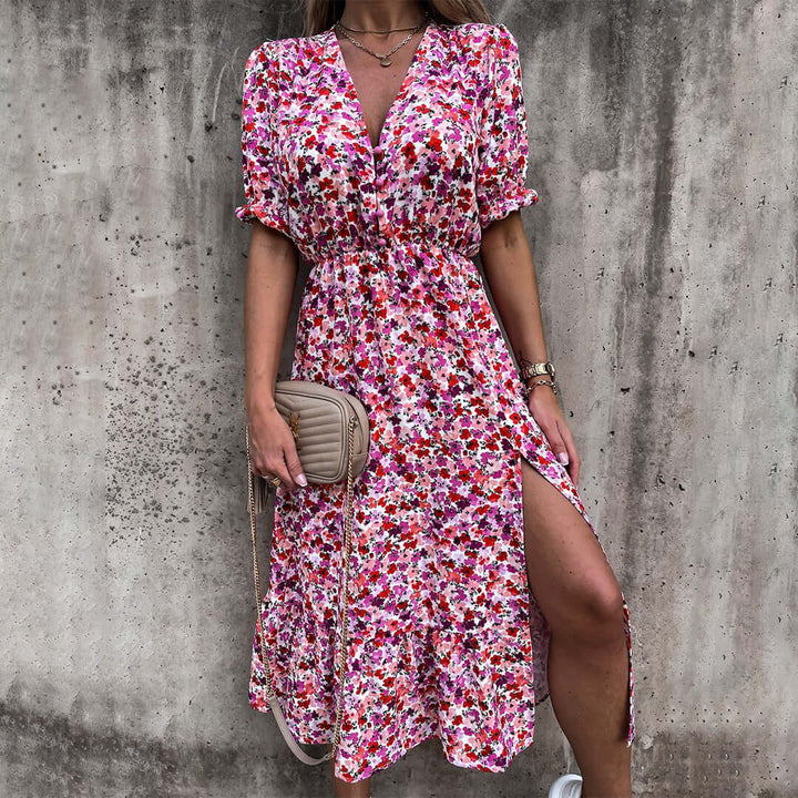 Floral Midi Dress: V-Neck, Puff Sleeves, Cinched Waist
