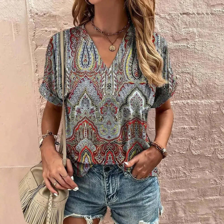Women's Relaxed Fit V-Neck Blouse: Breathable Short Sleeve Top