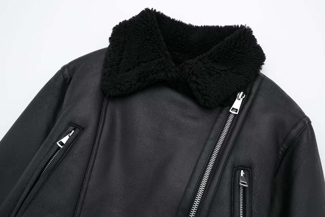 Women's Faux Leather Jacket with Fur Trim