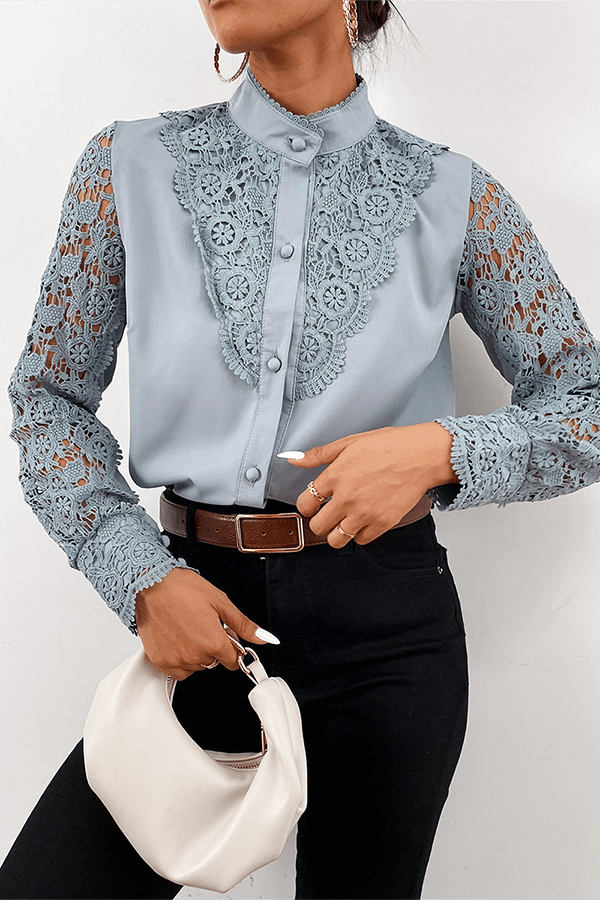 Elegant Lace Cut-Out Mandarin Collar Top