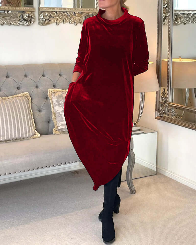 Women's Velvet Drape Dress: Long Sleeve, High Neck