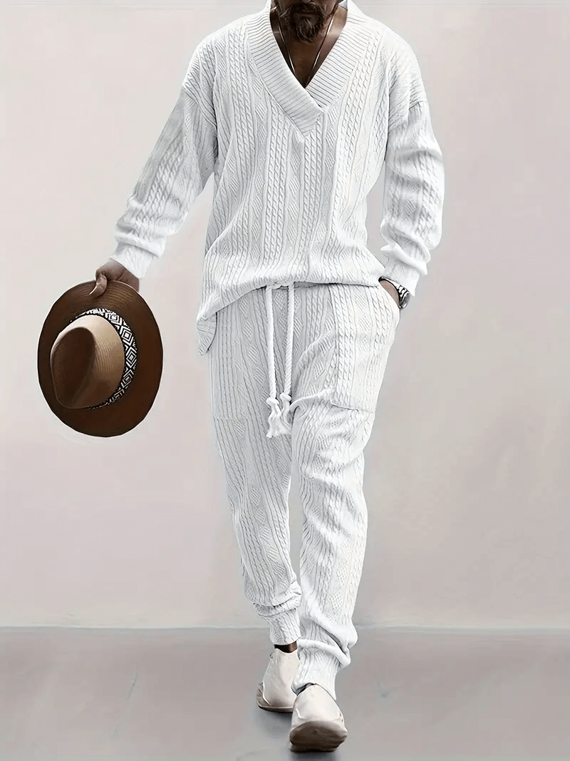 Men's Cable Knit Loungewear Set: V-Neck Top & Drawstring Joggers
