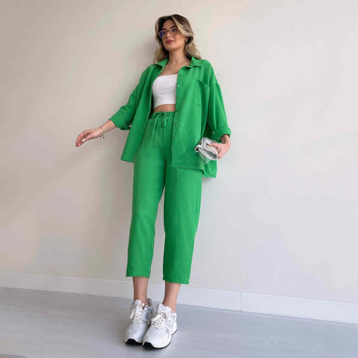 Women's Relaxed Fit Co-ord Set: Oversized Shirt & Wide Leg Trousers