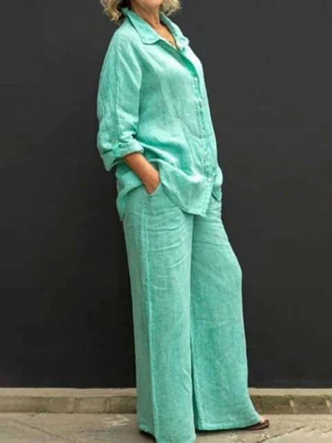 Women's Relaxed Fit Two-Piece Outfit: Shirt & Wide Leg Trousers