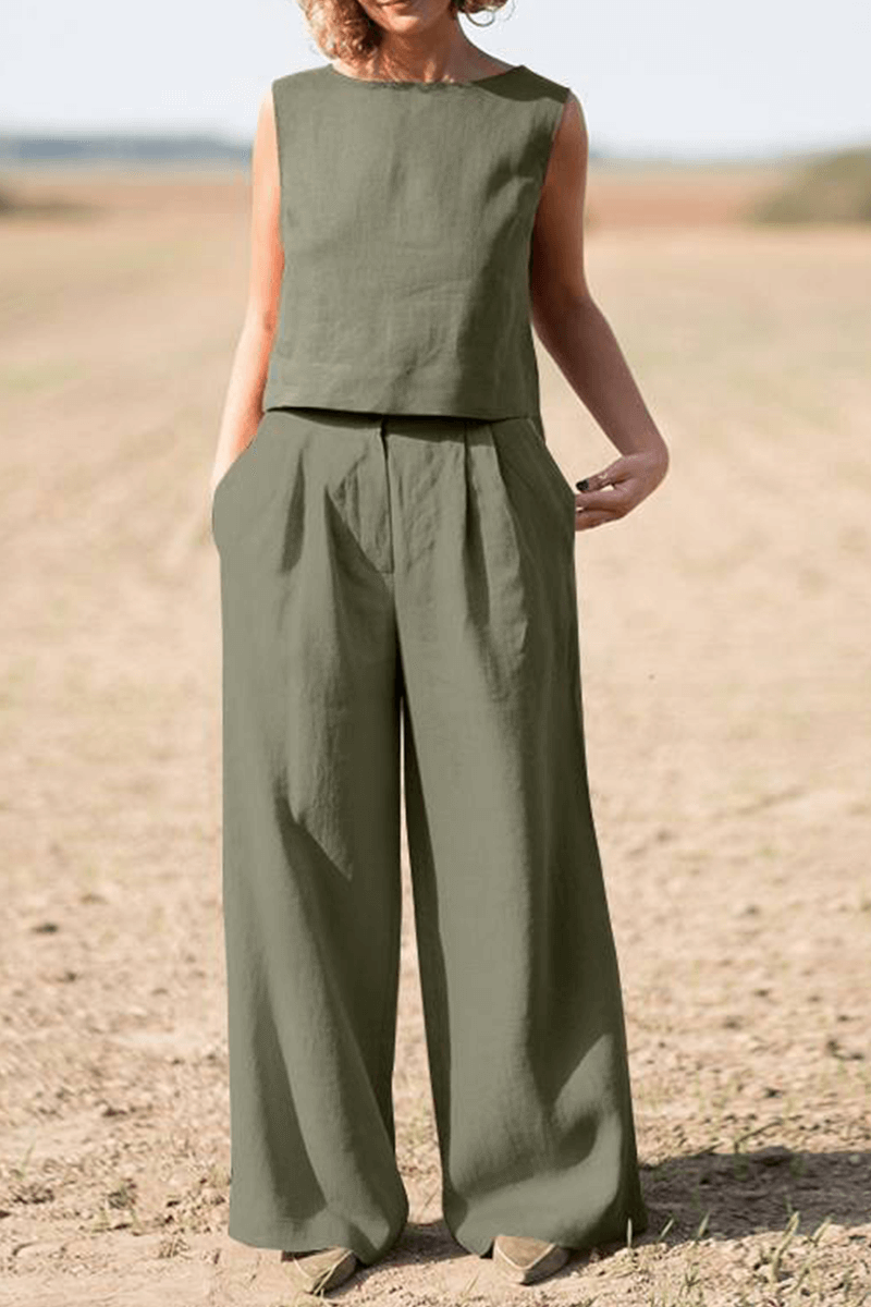 Women's Casual Loose Round Neck Top & Wide Leg Pants Set