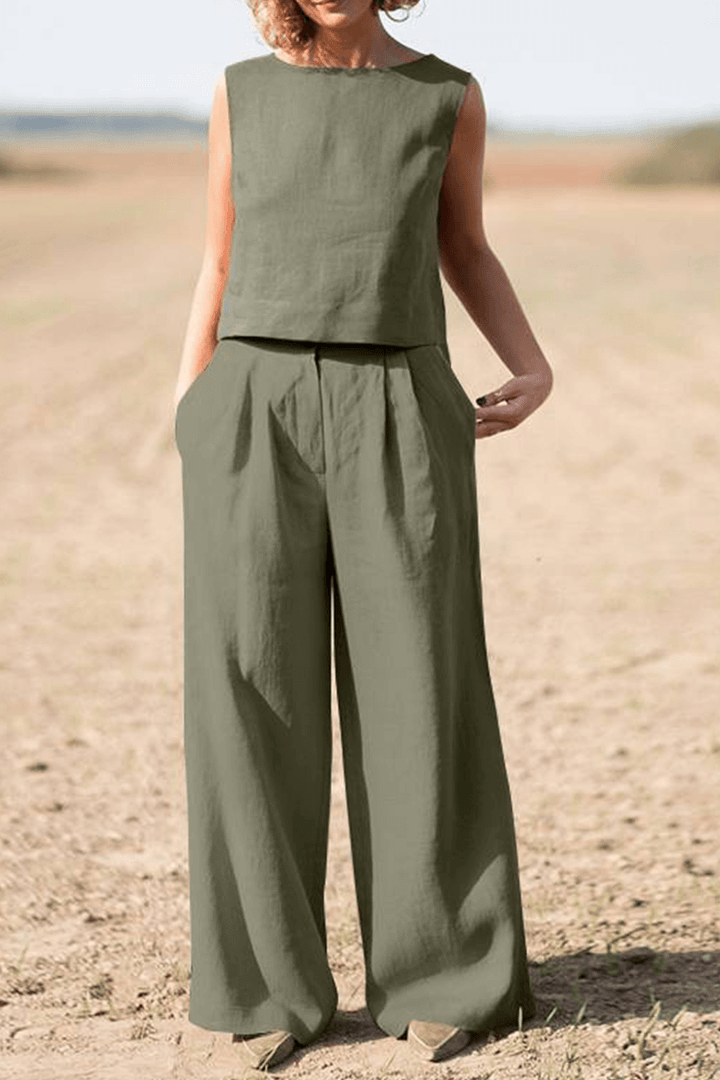 Women's Casual Loose Round Neck Top & Wide Leg Pants Set