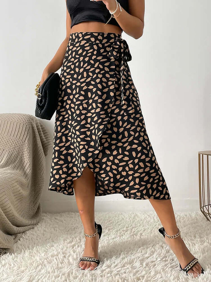Women's Printed Midi Wrap Skirt with Asymmetrical Hem