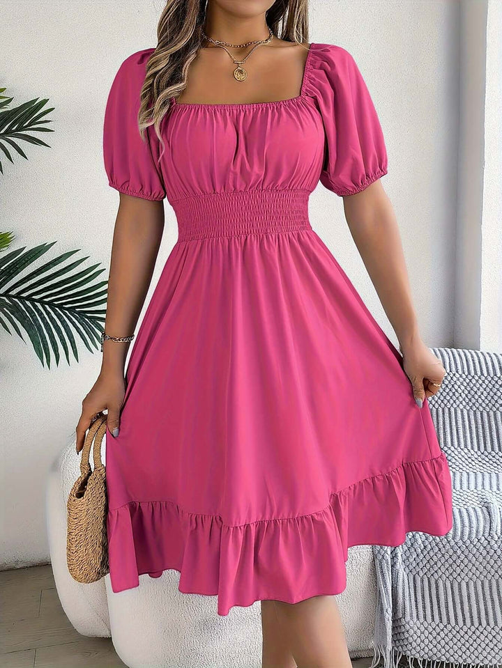 Women's Puff Sleeve Midi Dress with Smocked Bodice