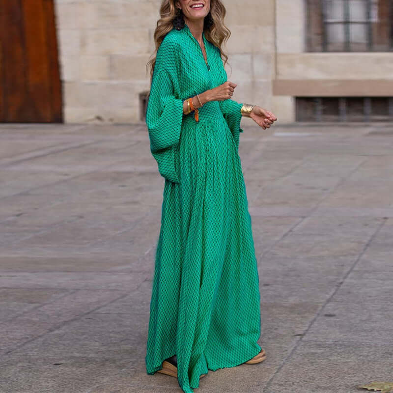 Women's Long Sleeve V-Neck Dress: Loose Fit, Flowy Hem