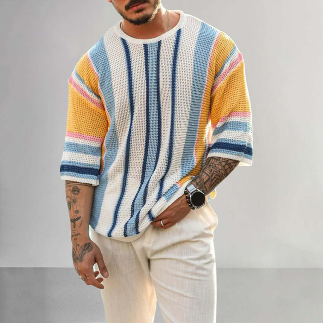 Men's Short Sleeve Striped Knit Sweater