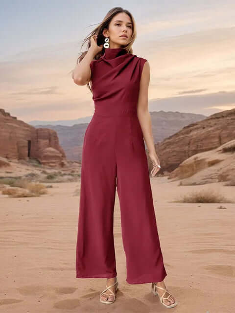Women's Casual Sleeveless High Collar Top & Wide Leg Pants Set