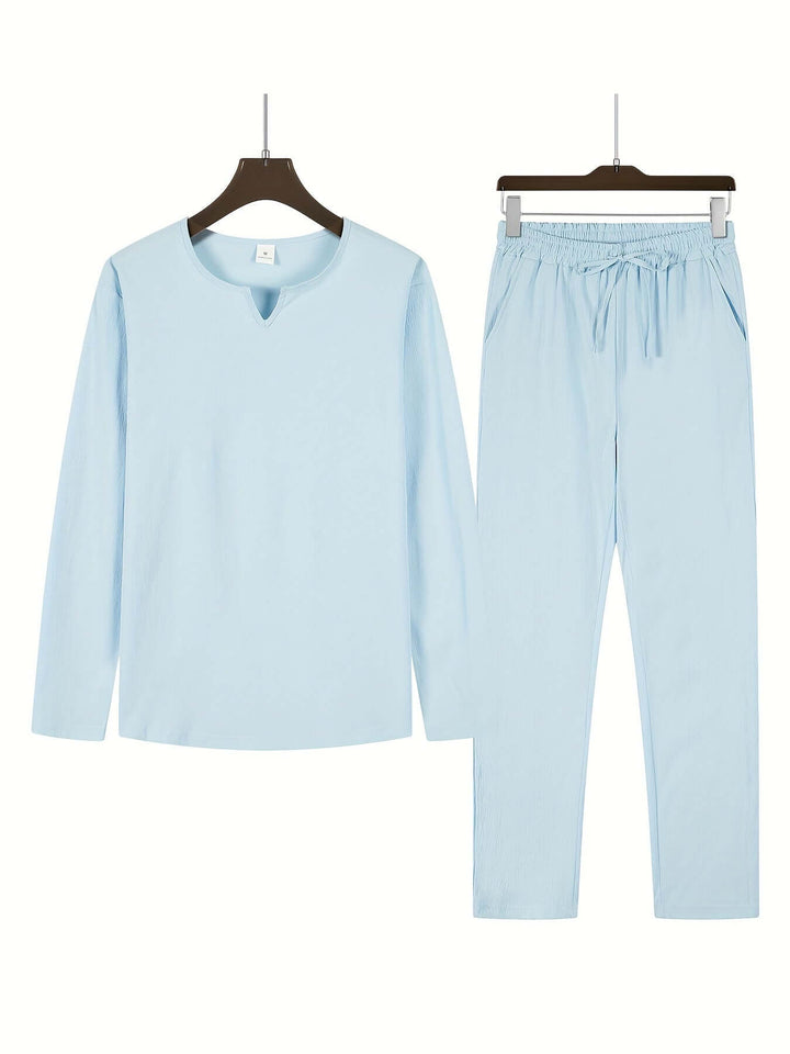 Men's Casual Two-Piece Outfit: V-Neck Top & Relaxed Trousers