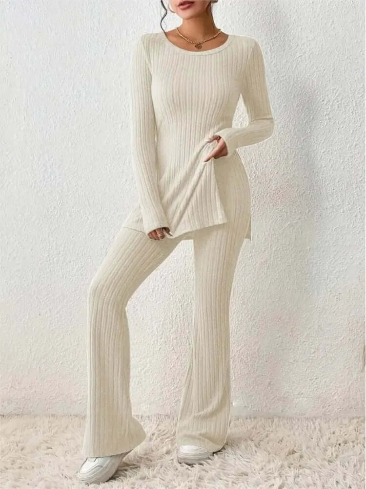 Women's Ribbed Knit Set: Long Sleeve Top & Flared Trousers