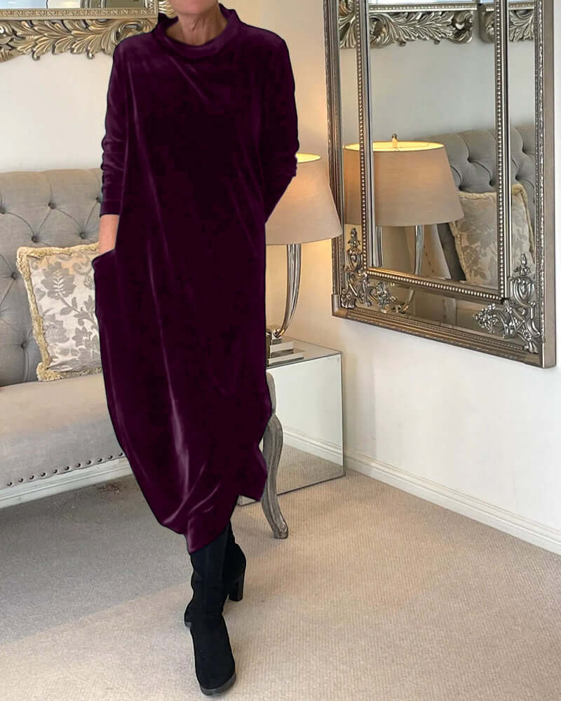 Women's Velvet Drape Dress: Long Sleeve, High Neck