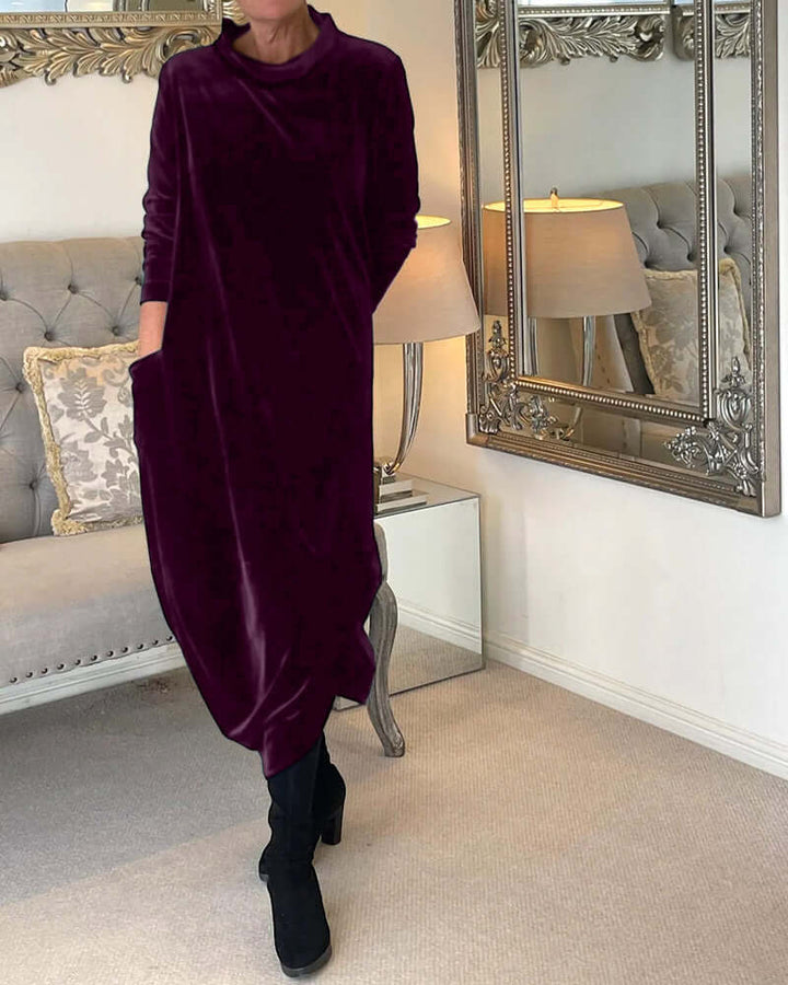 Women's Velvet Drape Dress: Long Sleeve, High Neck