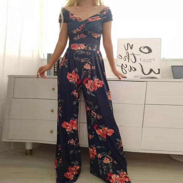 Women's Floral Wide Leg Jumpsuit: Off-Shoulder Wrap