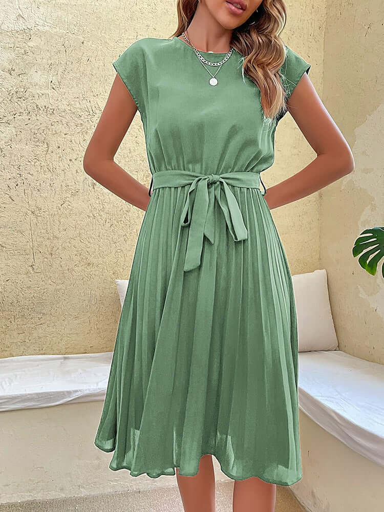 Elegant Midi Dress: Pleated Skirt, Cap Sleeves, Tie Waist