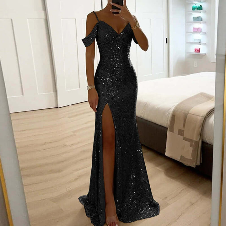 Sequined Off-Shoulder Evening Gown